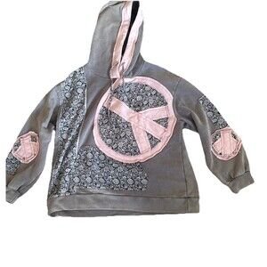 POL  Women's Hoodie Sweatshirt  Peace Patchwork Boho Hippie Oversized S Gray